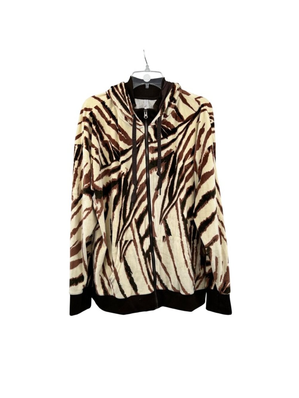 COZY Womens Soft Fleece Zebra Print Zip Up Hoodie Brown/Multi Size 1X Pockets